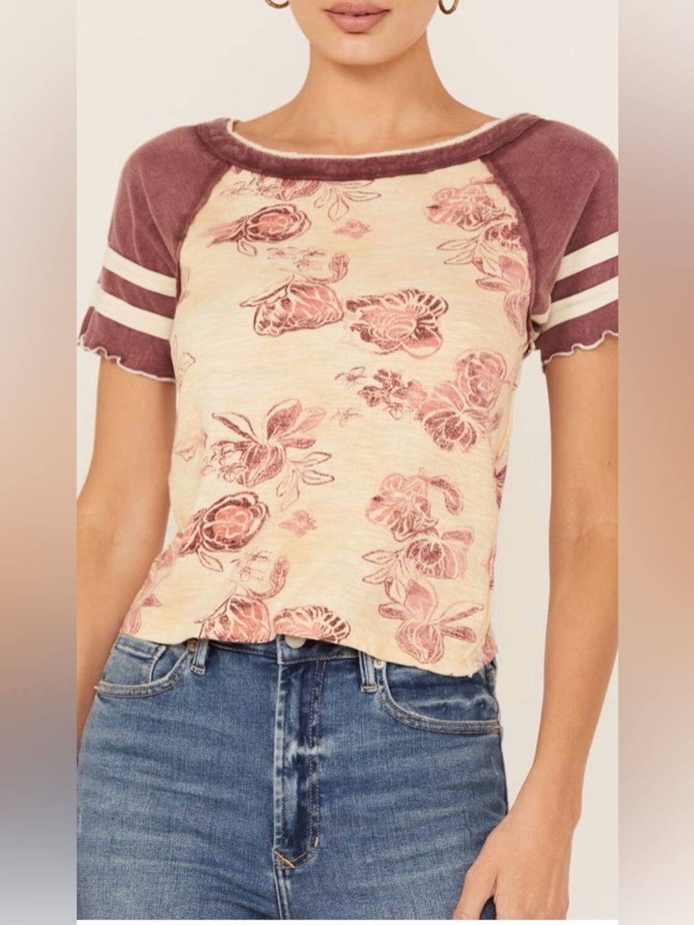 FREE PEOPLE WOMEN'S WISH YOU WERE HERE FLORAL PRINT SHORT SLEEVE TEE - Picture 3 of 5